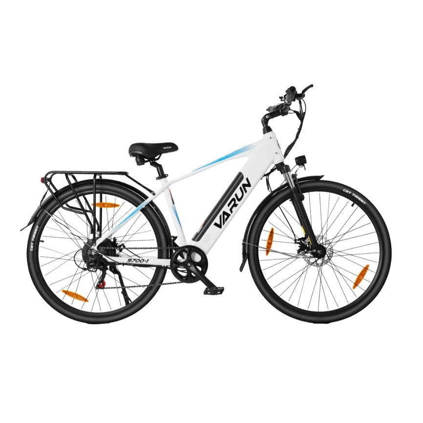 White electric bicycle with 'Varun' branding on a white background
