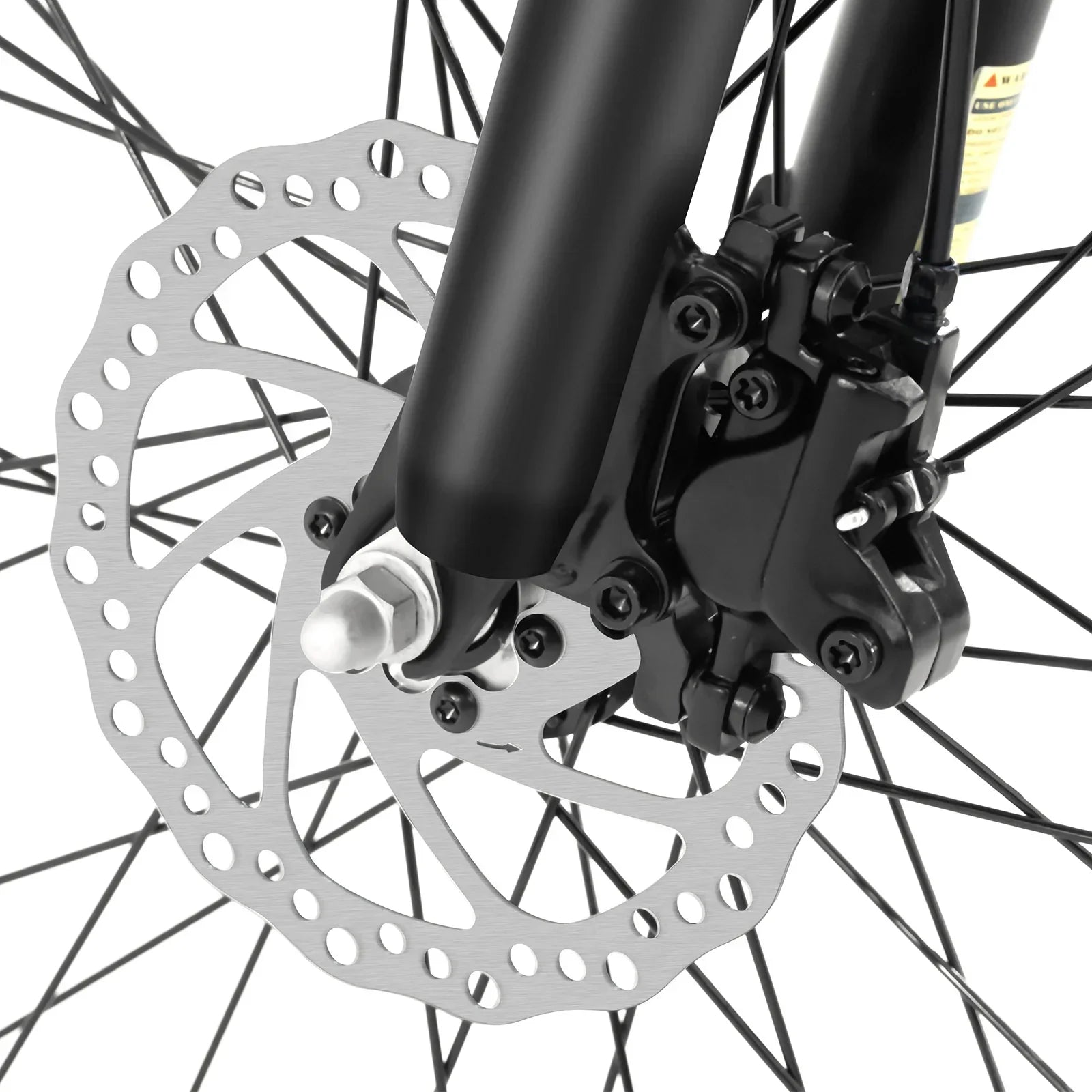 Close-up of a bicycle disc brake system on a white background