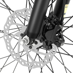 Close-up of a bicycle disc brake system on a white background