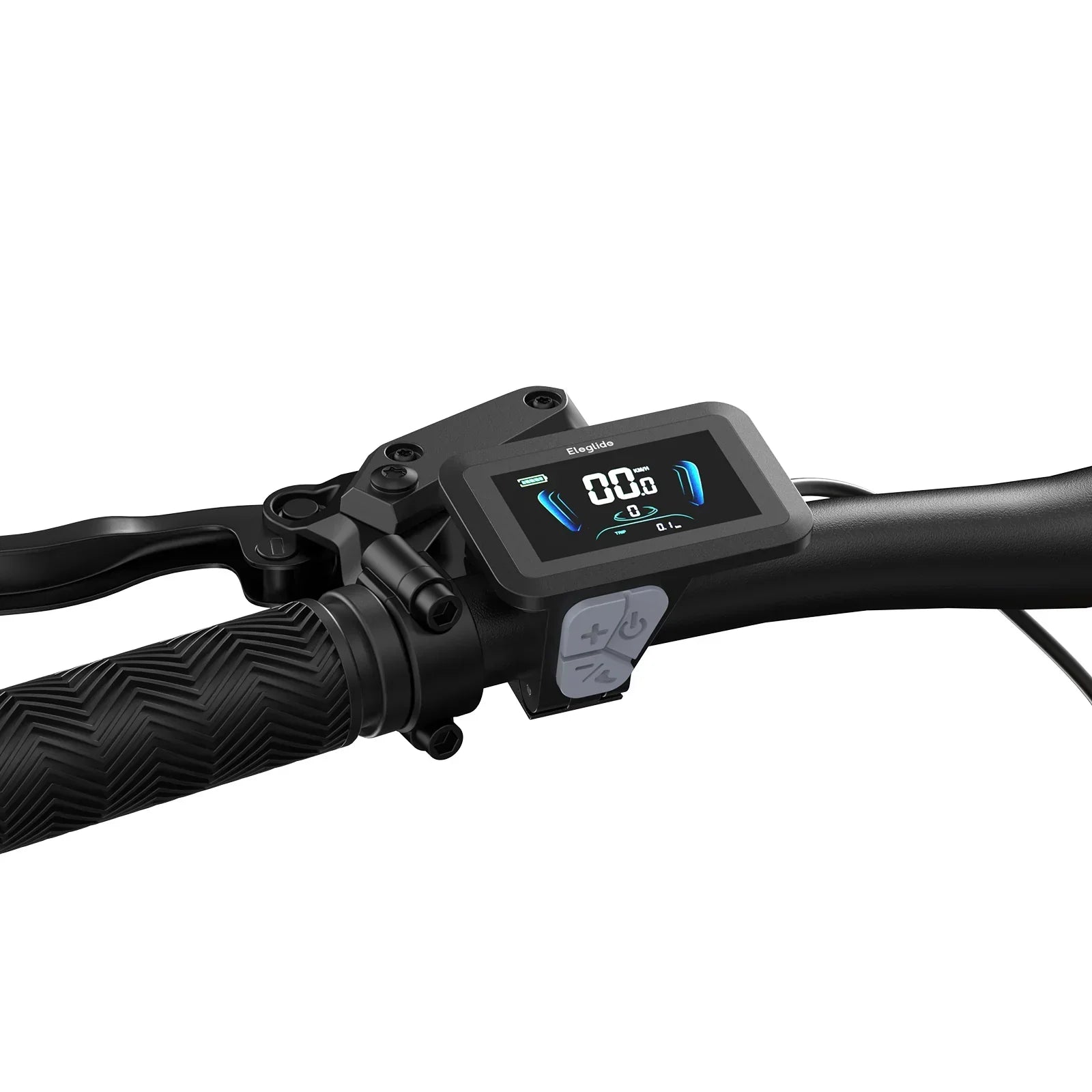 Digital display on a bicycle handlebar with a white background