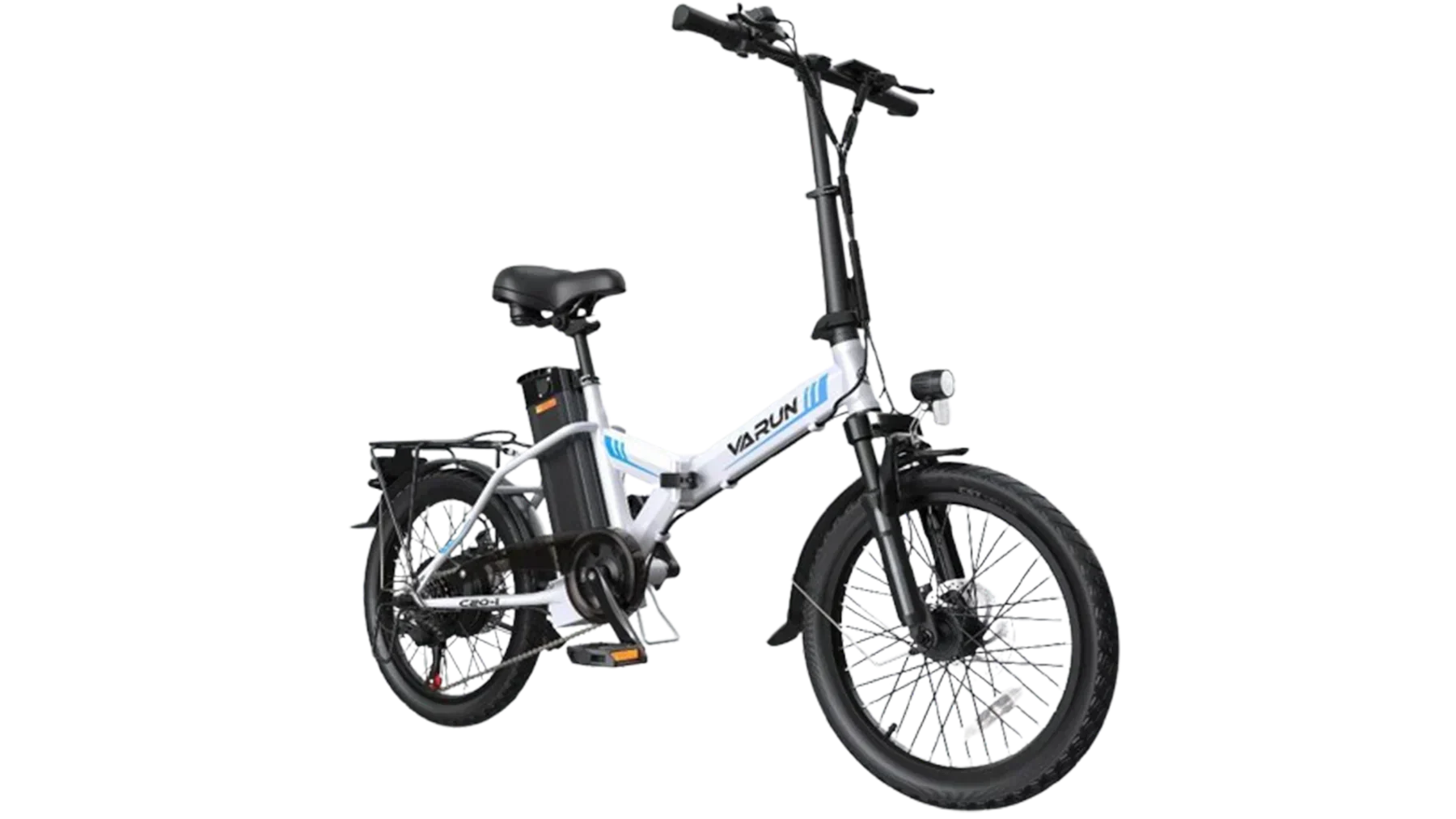 White electric bike with black seat and wheels on a white background