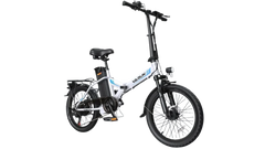White electric bike with black seat and wheels on a white background