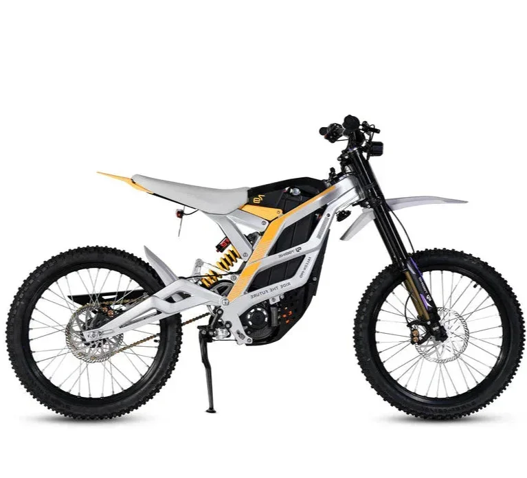 White 79BIKE Falcon Pro Electric Dirt Bicycle with black and yellow accents on a white background