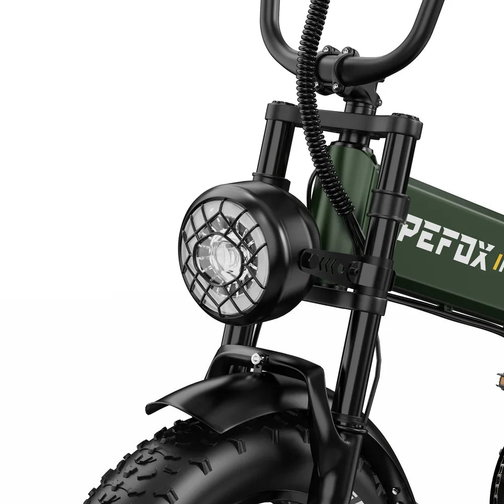 Close-up of a APEFOX RH20 Folding Dual Motor Electric Bike in green with a headlight on a white background