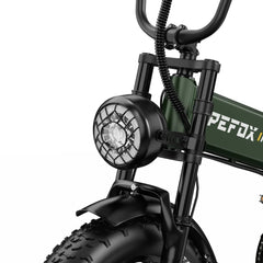 Close-up of a APEFOX RH20 Folding Dual Motor Electric Bike in green with a headlight on a white background