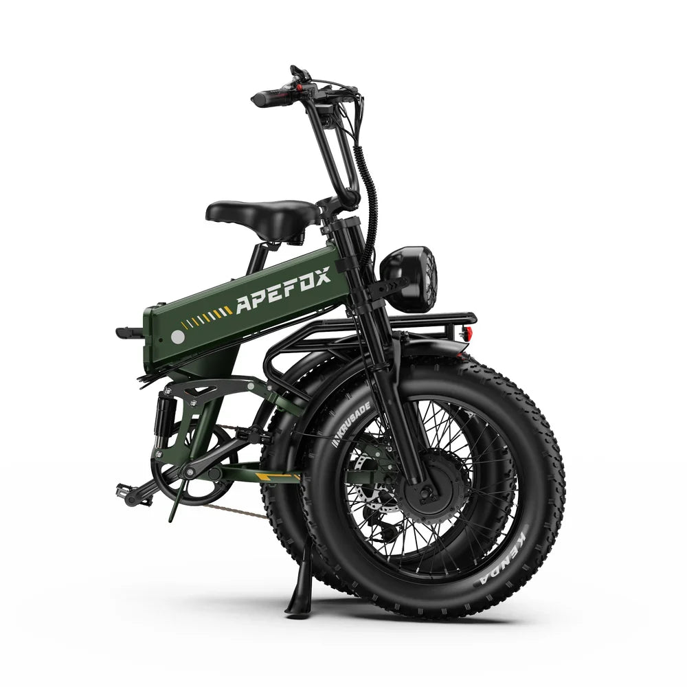 APEFOX RH20 Folding Dual Motor Electric Bike in green with 'APEFOX' branding on a white background
