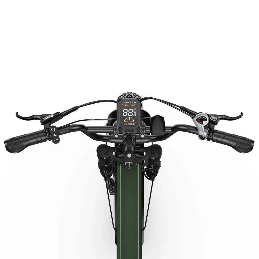 Front view of an APEFOX RH20 Folding Dual Motor Electric Bike showing the handlebars, black digital display, and a dark green frame against a plain white background.