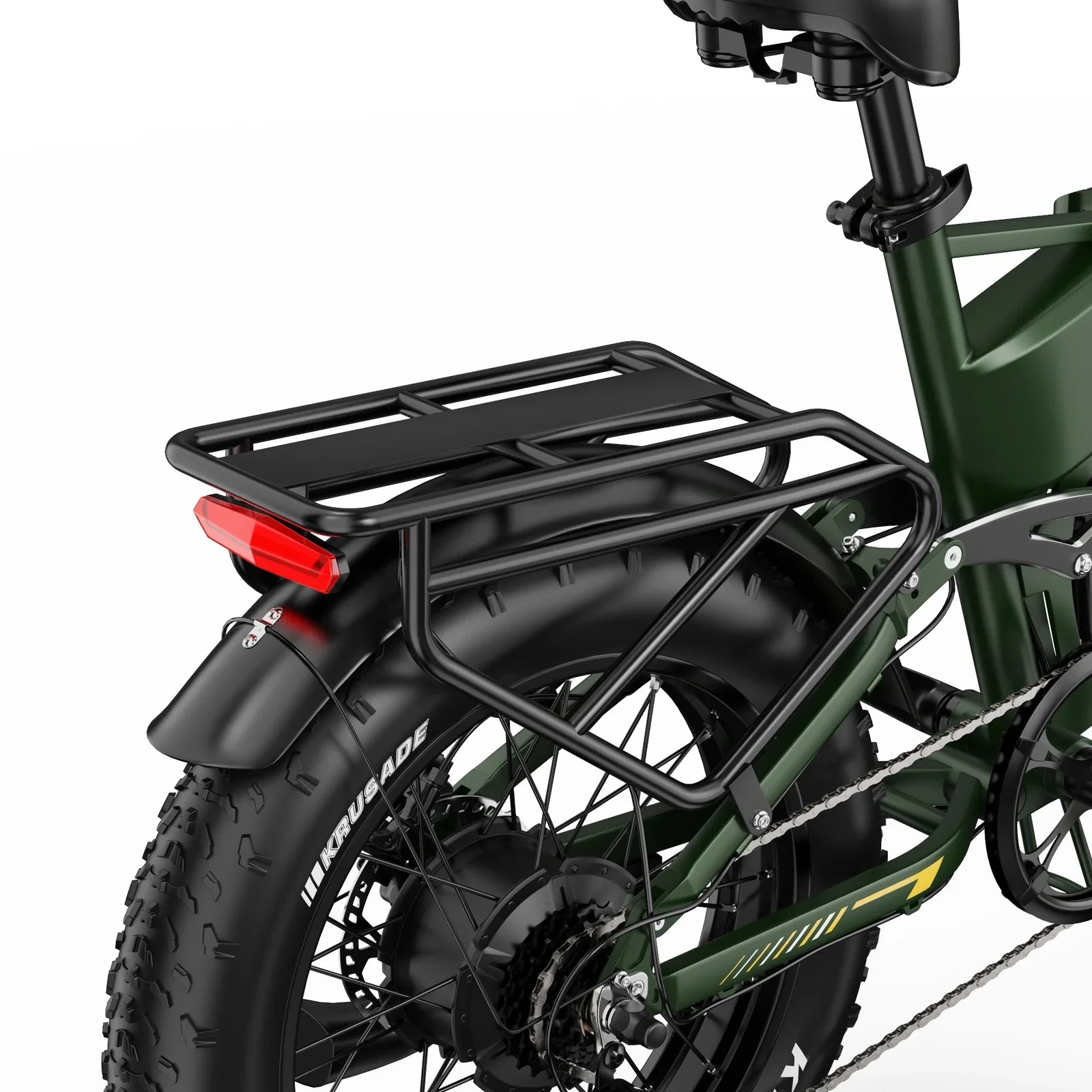 Close-up of a APEFOX RH20 Folding Dual Motor Electric Bike with a black rear rack and red reflector on a white background