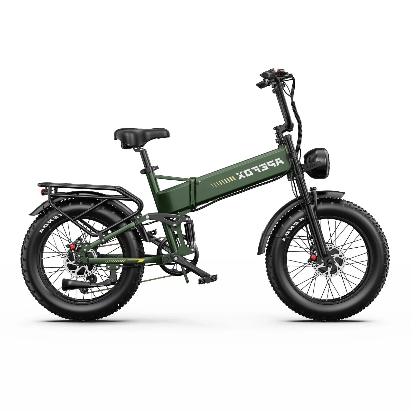 A dark green APEFOX RH20 Folding Dual Motor Electric bicycle with black components, shown from a side profile on a white background.