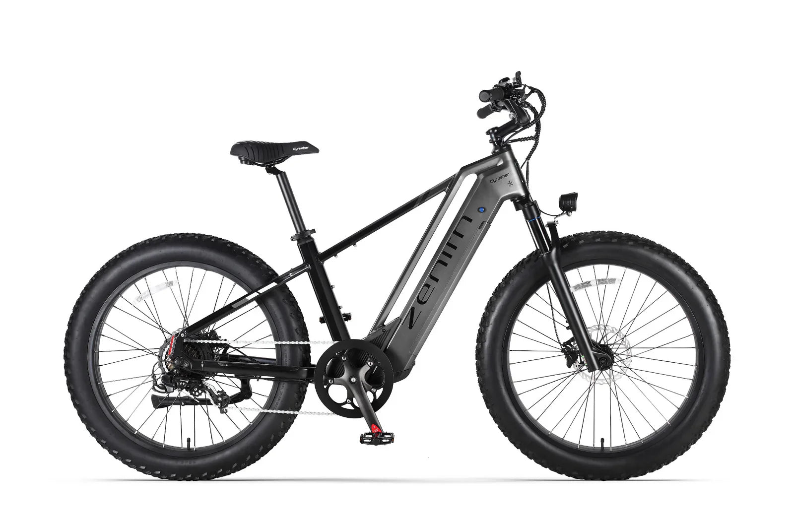Cyrusher Zenith  Electric bike with a black frame and large wheels on a white background