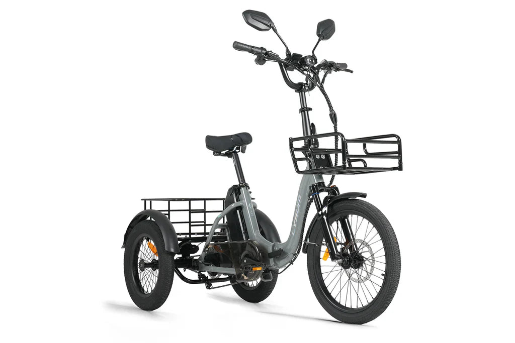Right side view of Cysum AG1 Pro Foldable Electric Tricycle in Grey with a basket on a white background