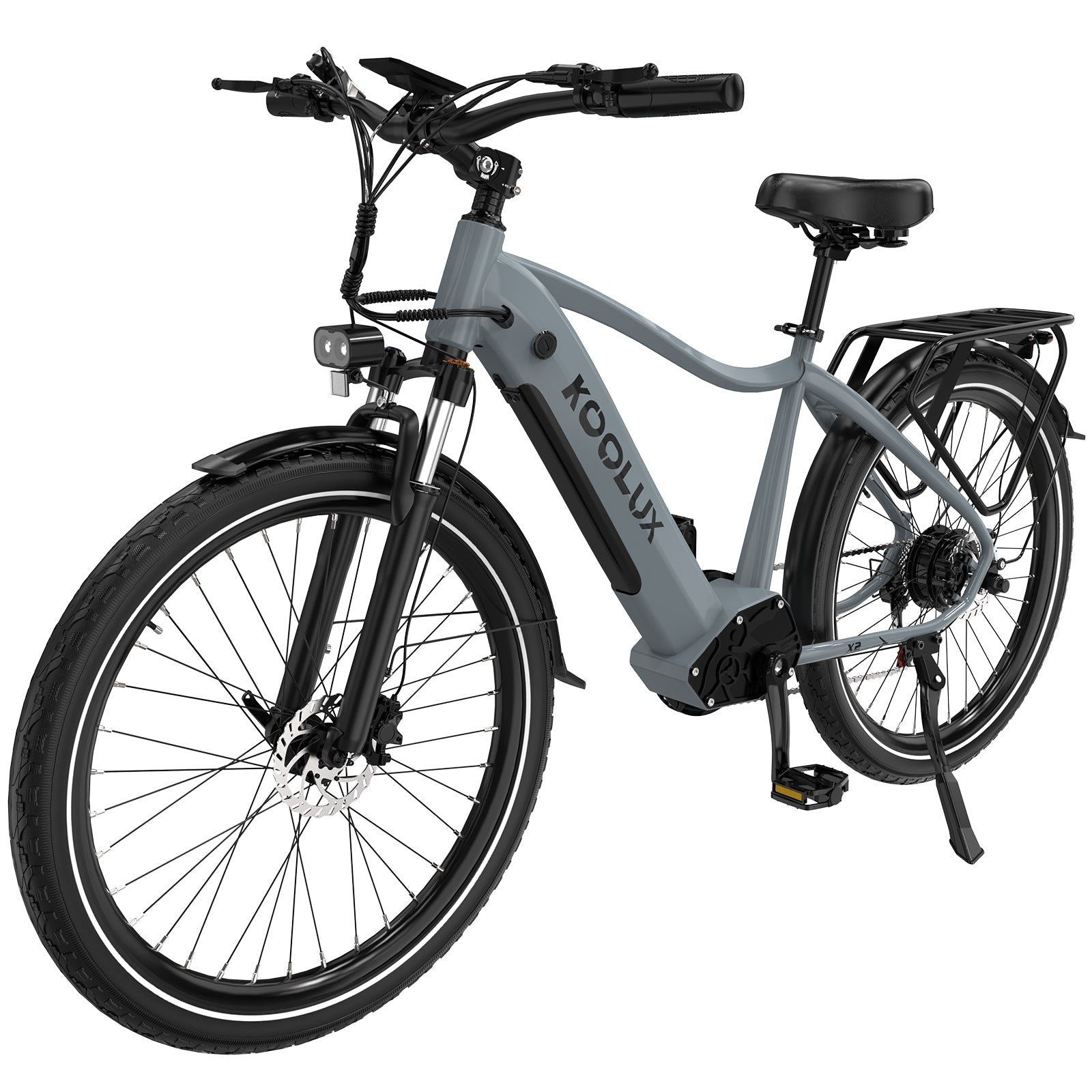A Koolux X3 electric bicycle in matte gray and black, shown from a three-quarter front angle against a solid white background.