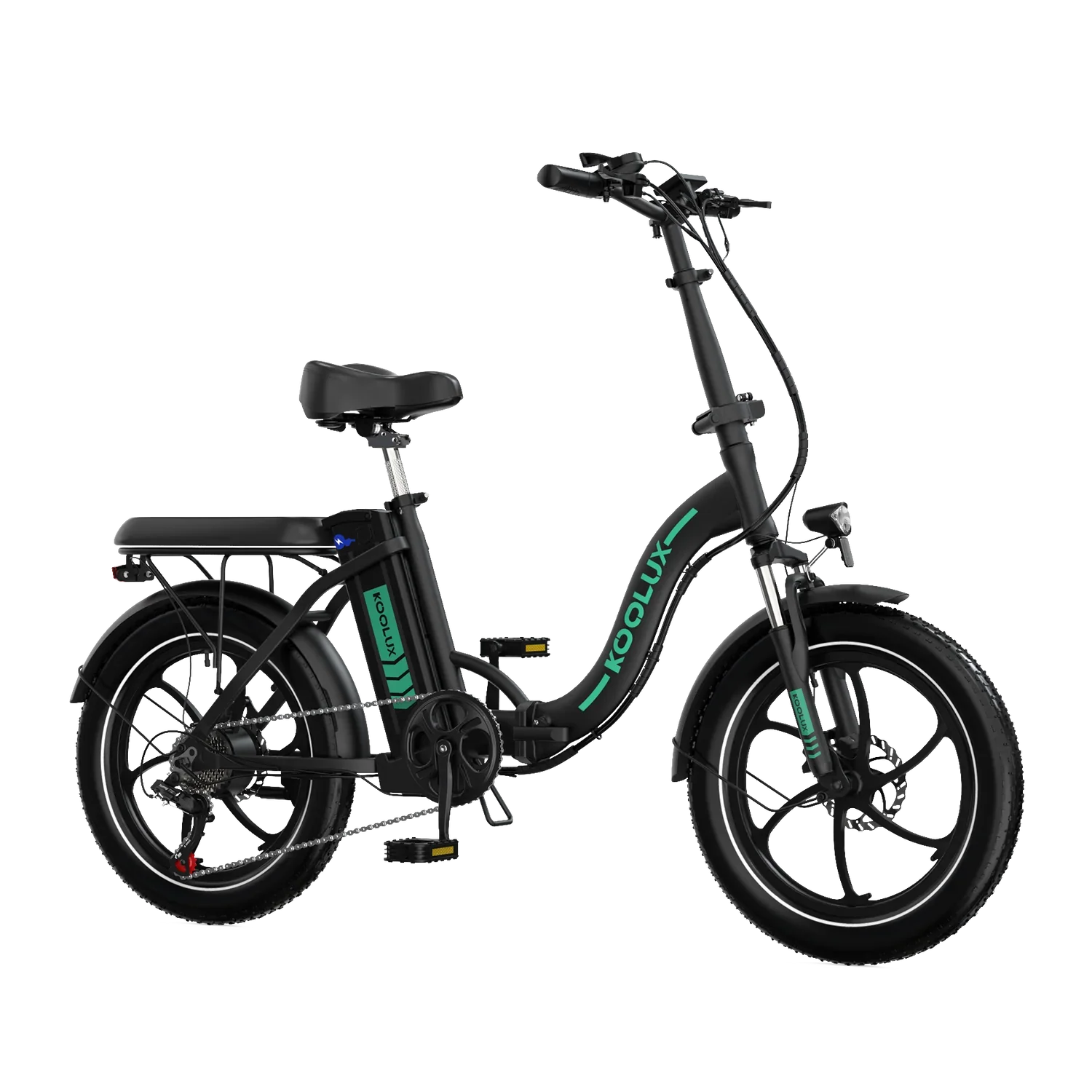 Black KOOLUX BK6S 3.0 Folding Electric Bike with green branding on a white background - Pogo Cycles, Ireland