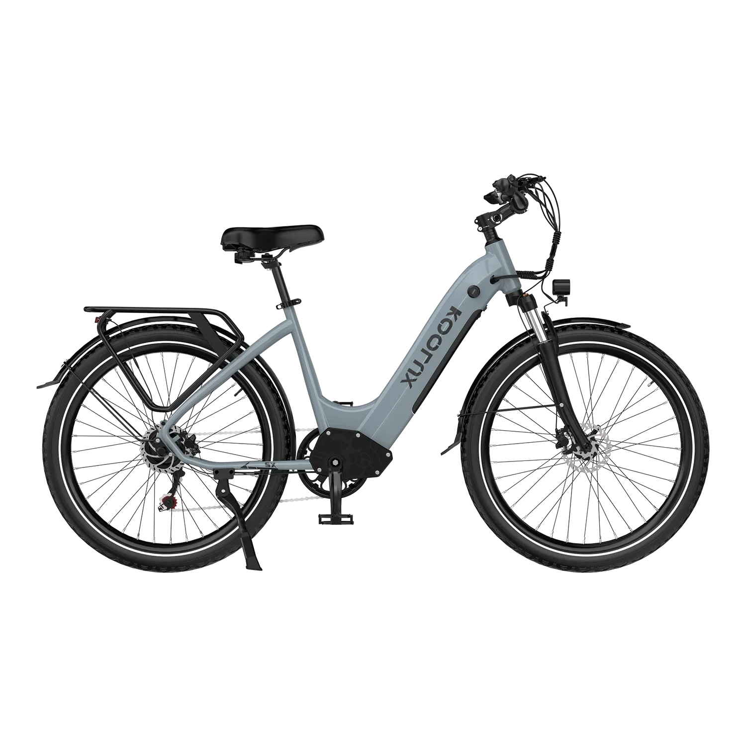 Gray KOOLUX X2 Step-Thru Electric Bike with black details on a white background