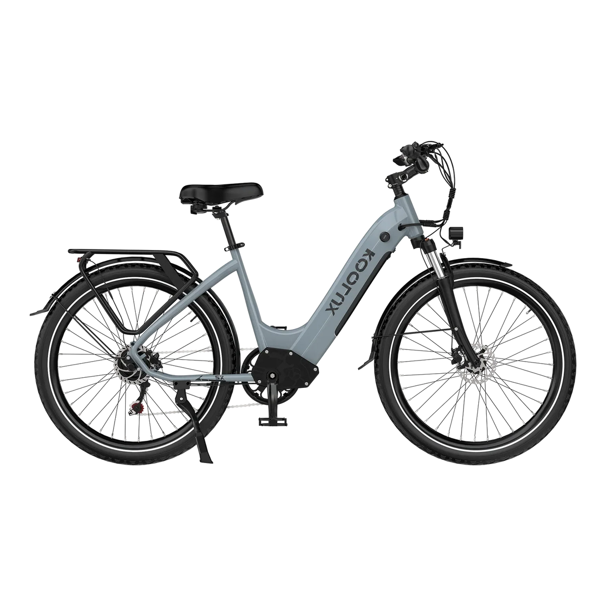 Gray KOOLUX X2 Step-Thru Electric Bike with black details on a white background