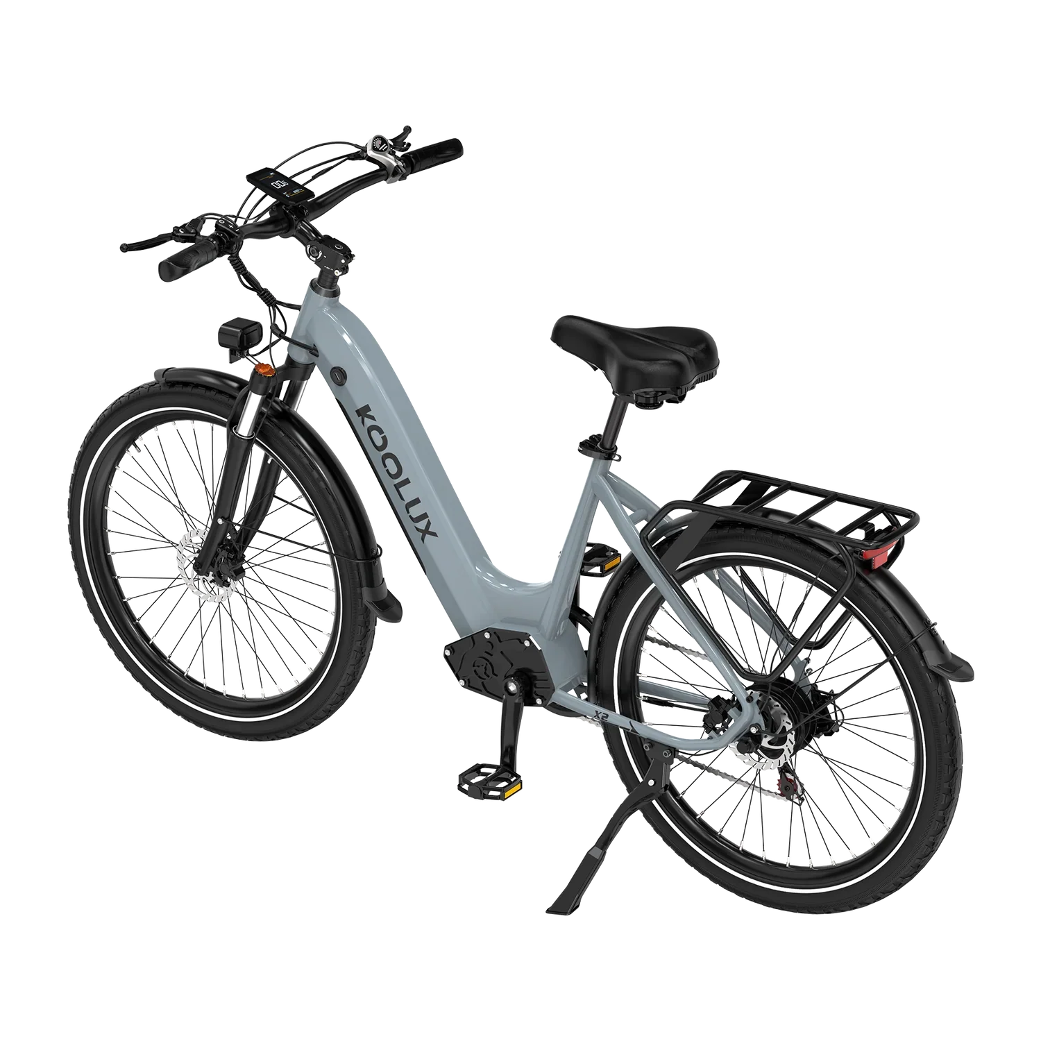 Gray KOOLUX X2 Step-Thru Electric bicycle with black seat and rear rack on a white background