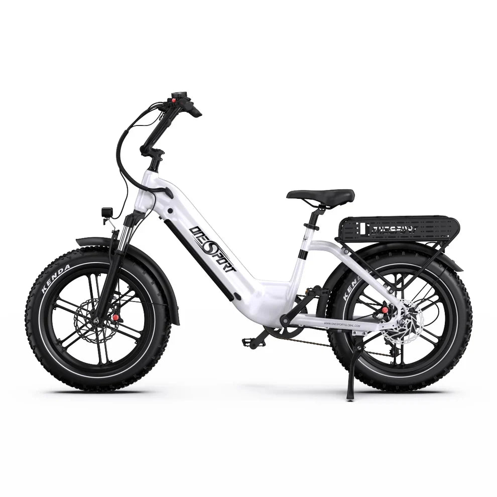 White Onesport OT08 electric bike with black accents on a white background