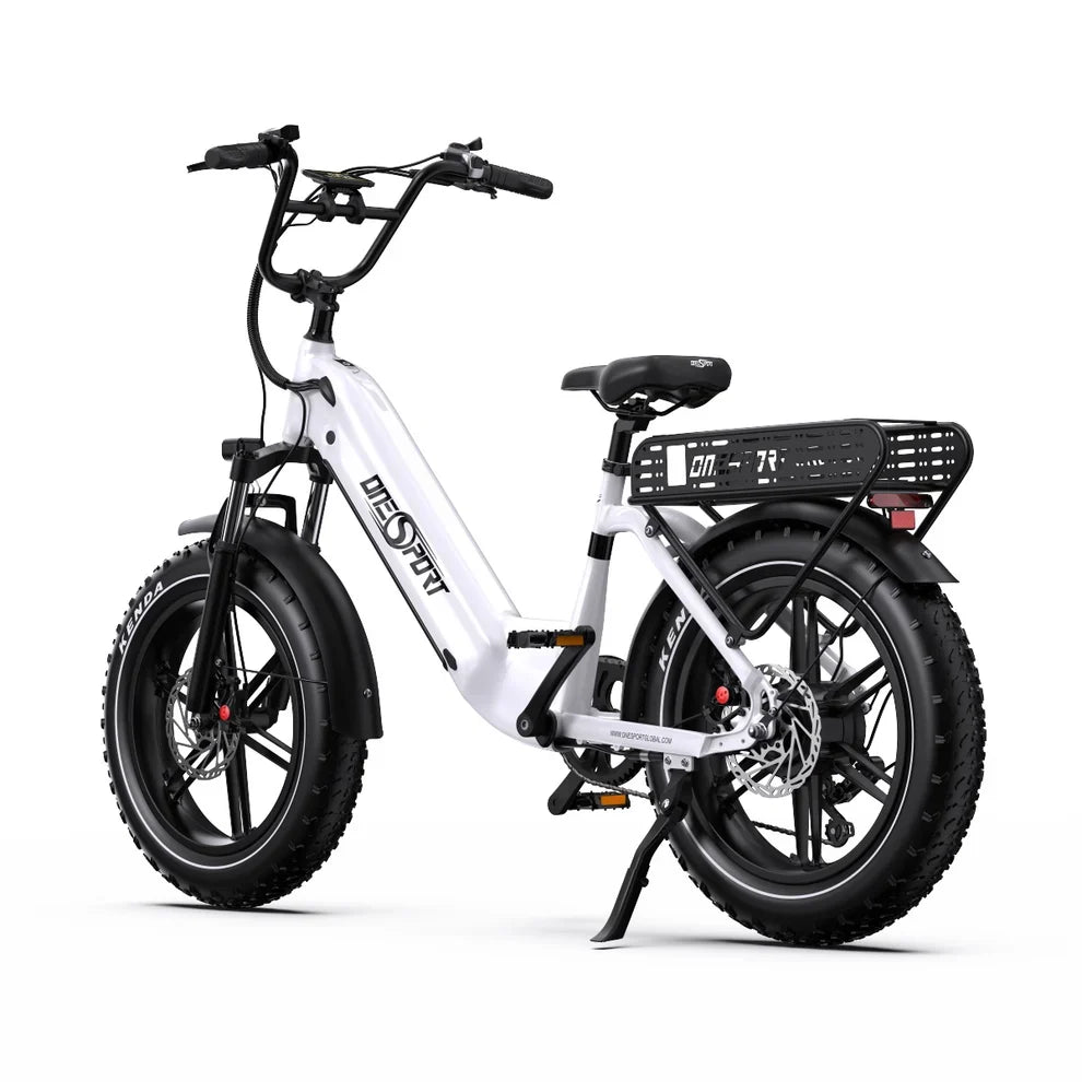 White Onesport OT08 electric bike with black details on a white background