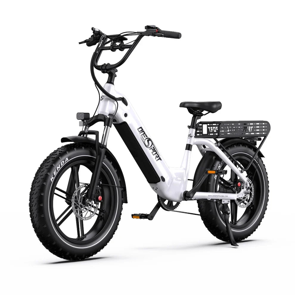 White Onesport OT08 electric bike with black accents on a white background
