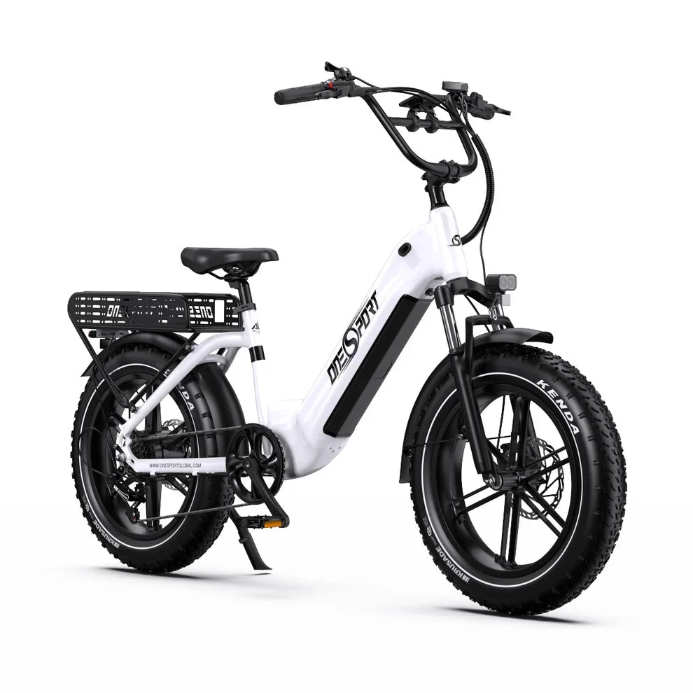 Onesport OT08 electric bike in  white with black accents on a white background