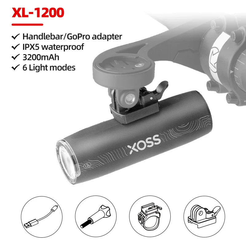 XOSS XL1200 Headlight 200-1200 Lm  Bike Light Waterproof Rechargeable Front Lamp Bicycle Light Aluminum Ultralight Flashlight