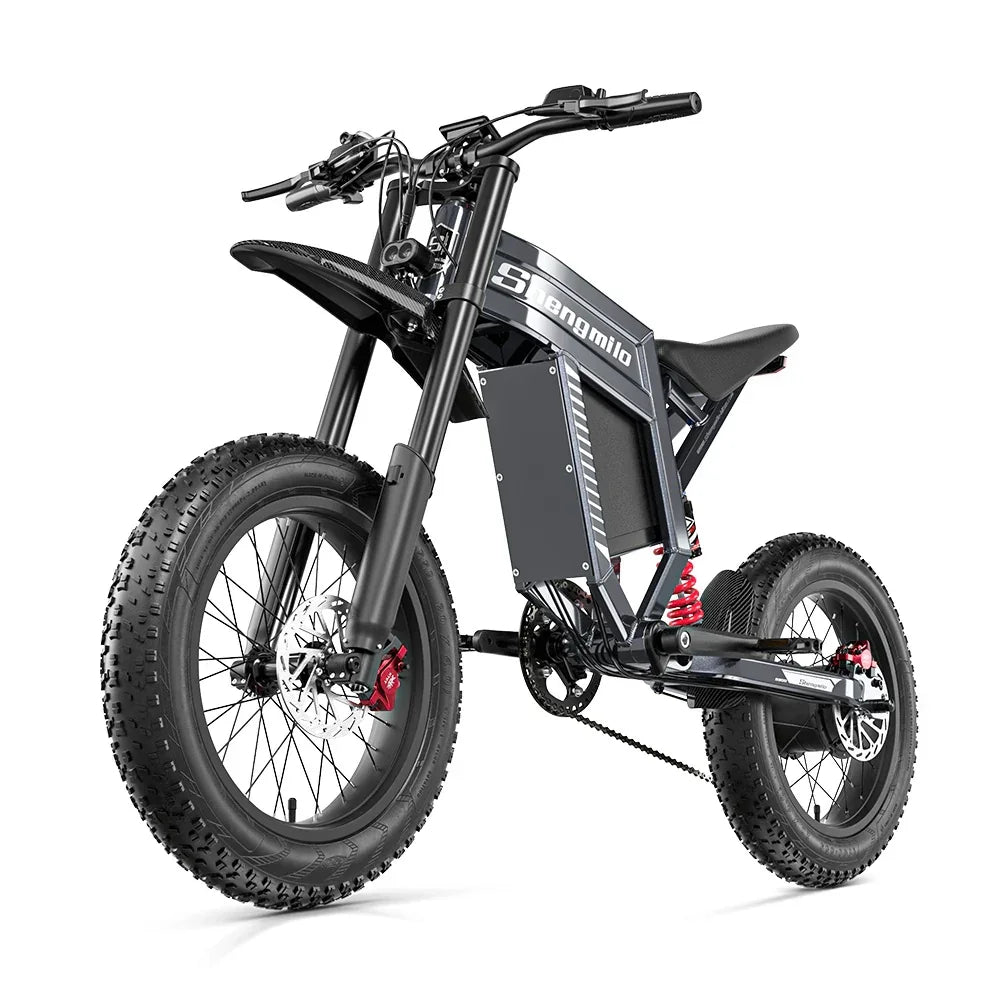 Black electric bike with red accents on a white background