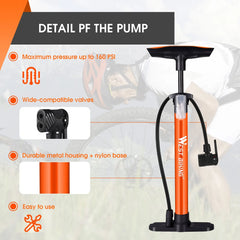 WEST BIKING 160PSI High Pressure Pump Schrader Presta MTB Bicycle Floor Pump Cycling Air Pump Tire Ball Motorcycle Car Inflator
