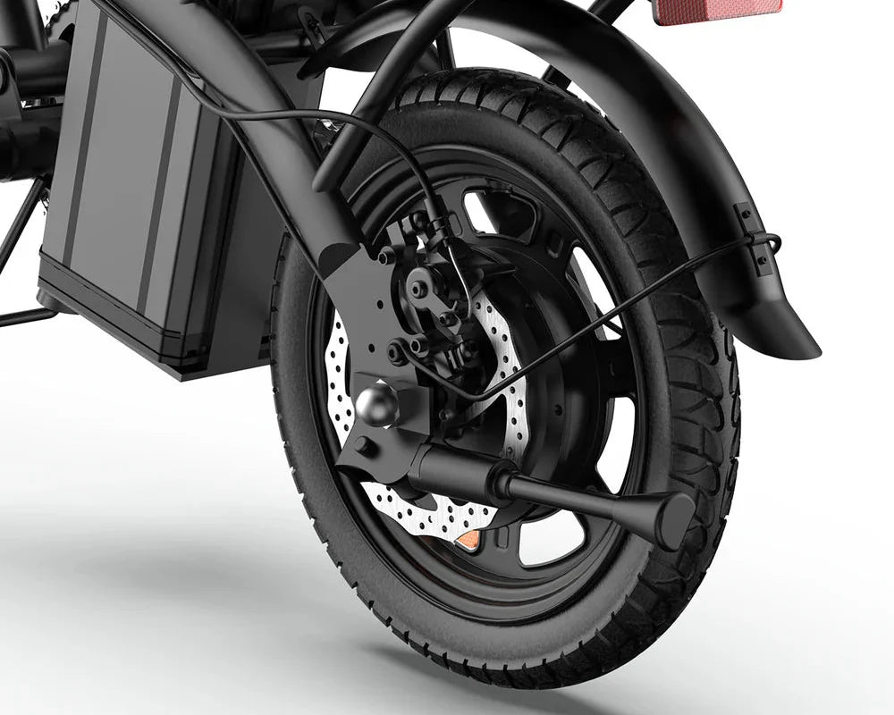 Close-up of a URLIFE F1L Compact Folding Electric motorcycle wheel with suspension on a white background