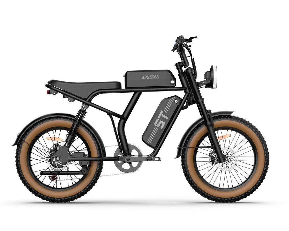 Black URLIFE T2 Off Road Electric Bike with brown tires on a white background