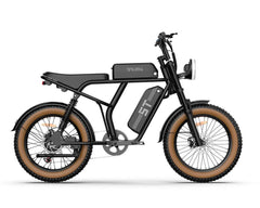 Black URLIFE T2 Off Road Electric Bike with brown tires on a white background