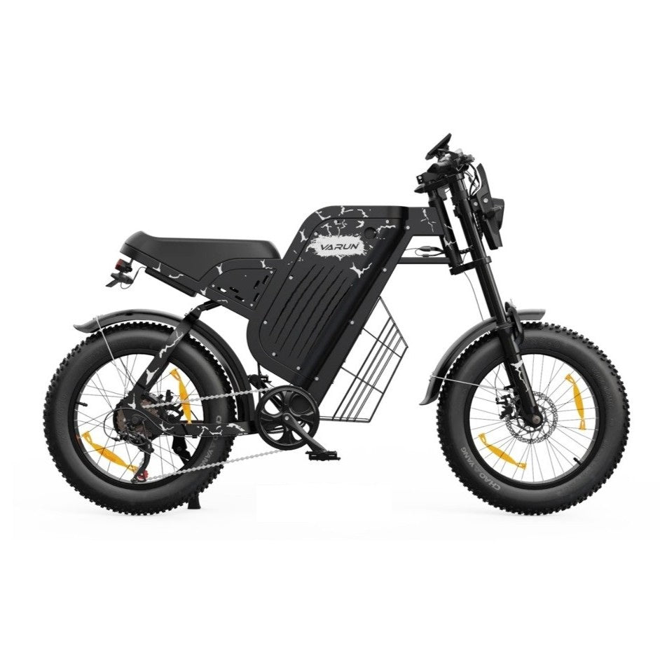 VARUN X-Plorer Raptor Electric Bike in black with marbled design on a white background