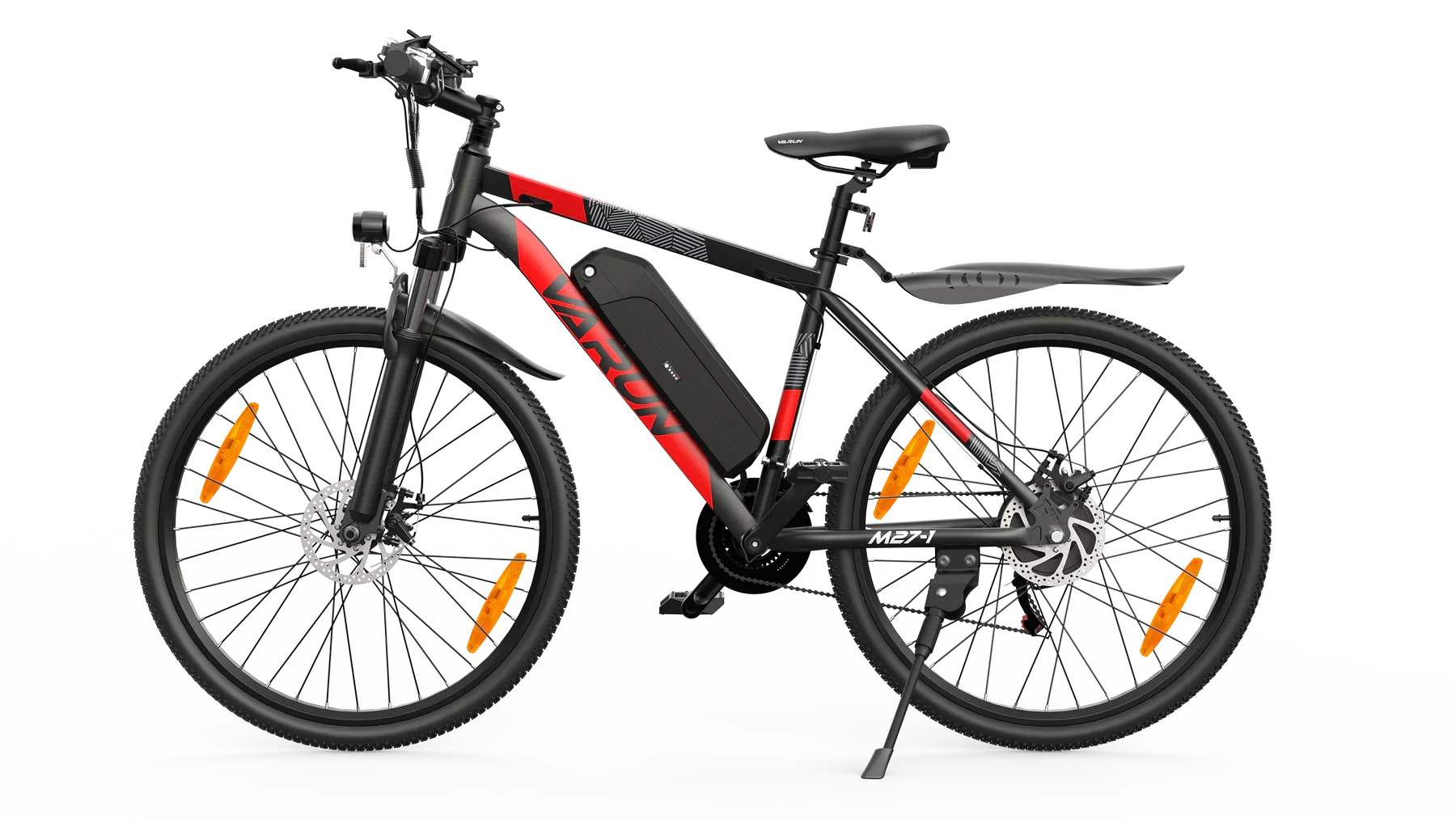 Black and red VARUN M27-1 Electric  bicycle on a white background
