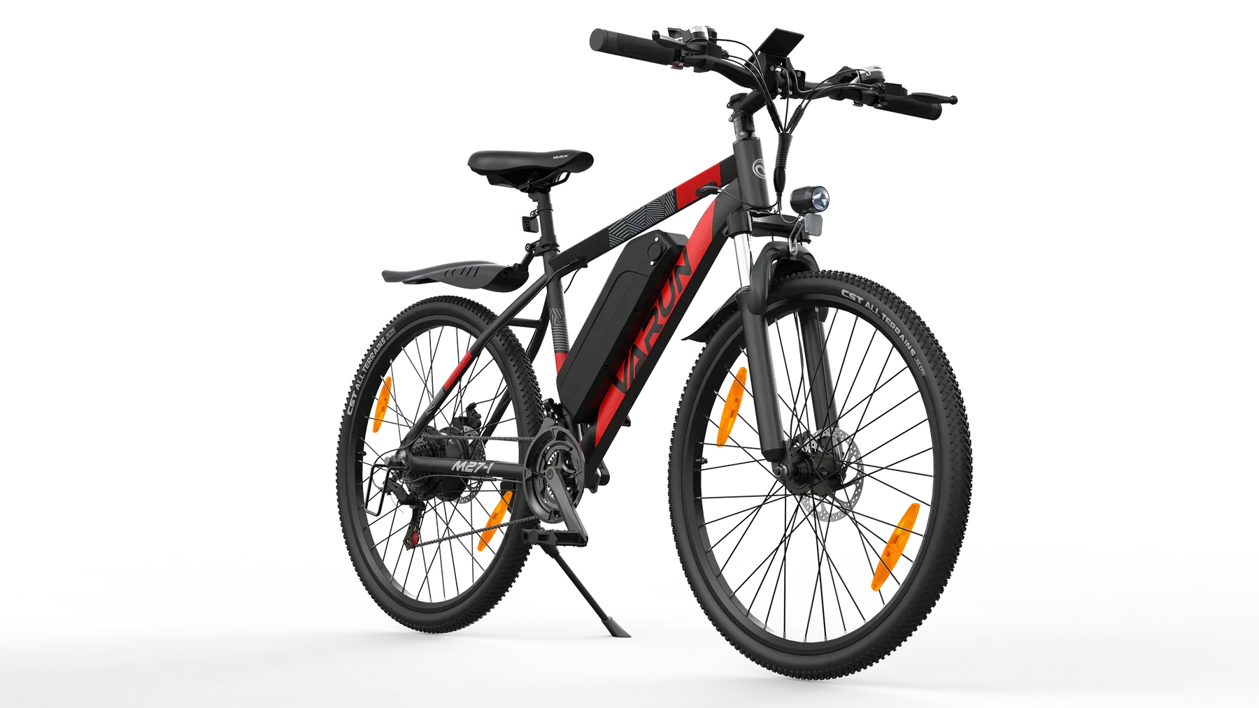 Black VARUN M27-1 Electric bicycle with red accents, battery on a white background