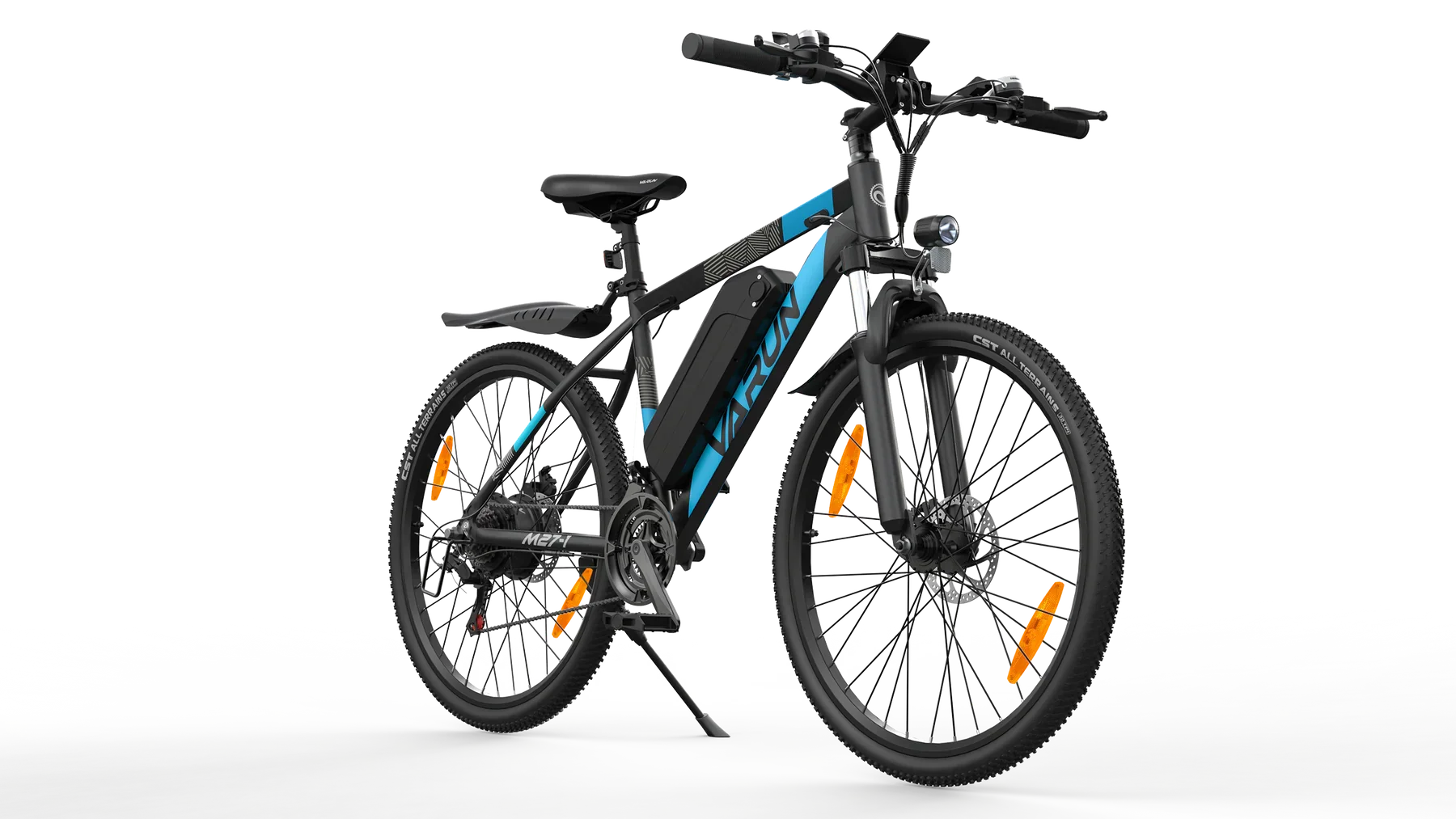 Close-up view of Black VARUN M27-1 Electric bicycle with blue accents on a white background