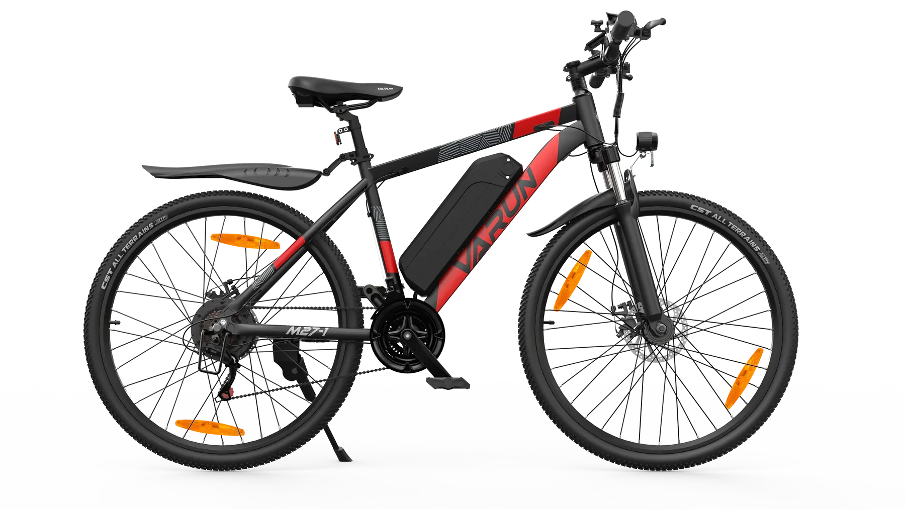 Black and red VARUN M27-1 Electric bicycle on a white background