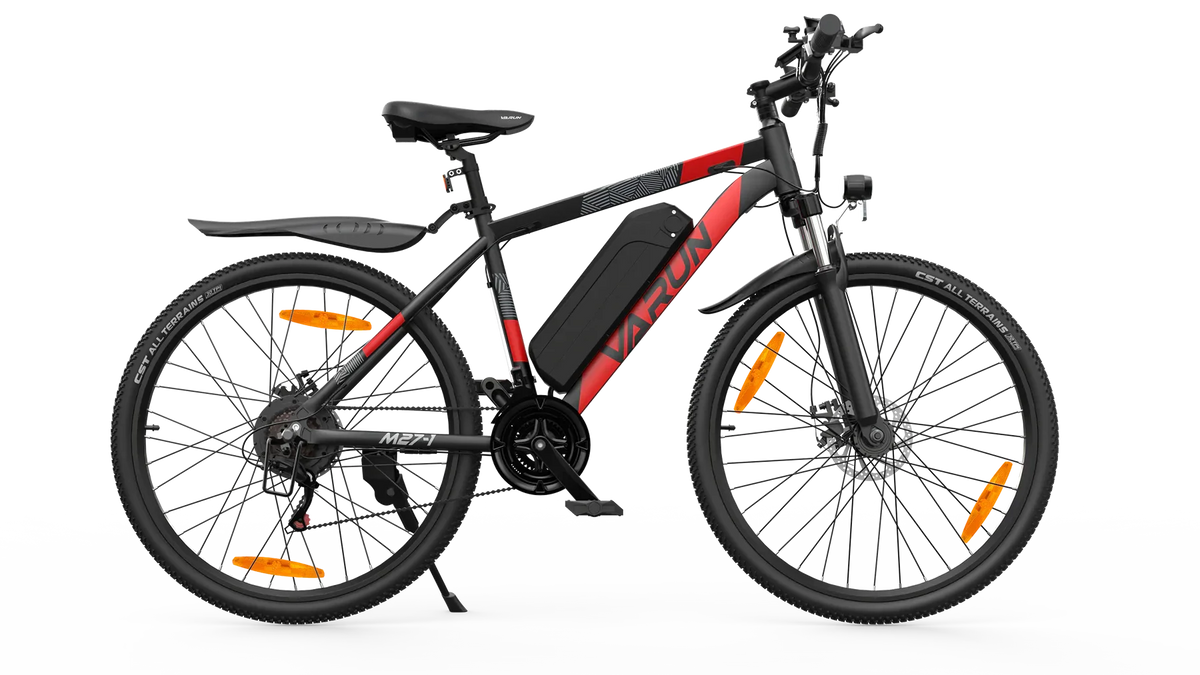 Black and red VARUN M27-1 Electric bicycle on a white background