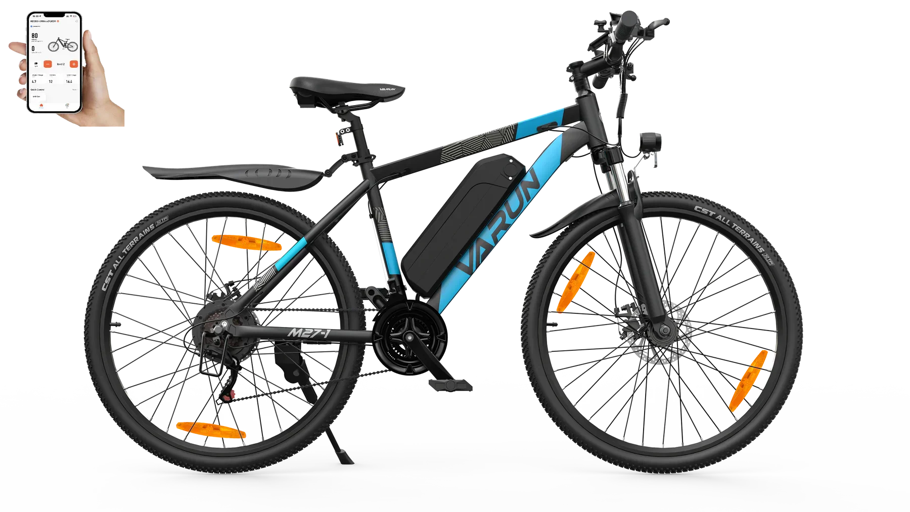 VARUN M27-1 Electric bicycle  with blue accents on a white background