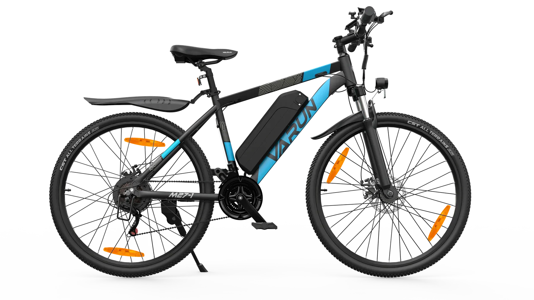 Black VARUN M27-1 Electric bicycle  with blue accents on a white background