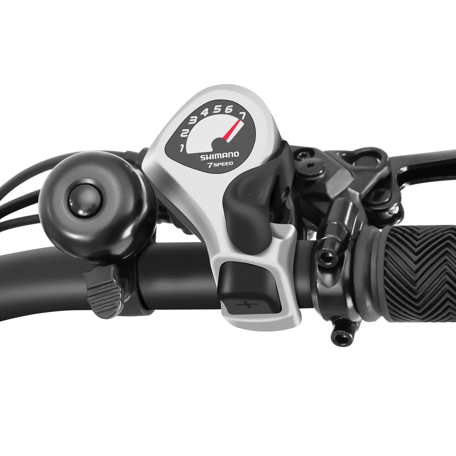 Bicycle handlebar with Shimano gear shifter on a white background