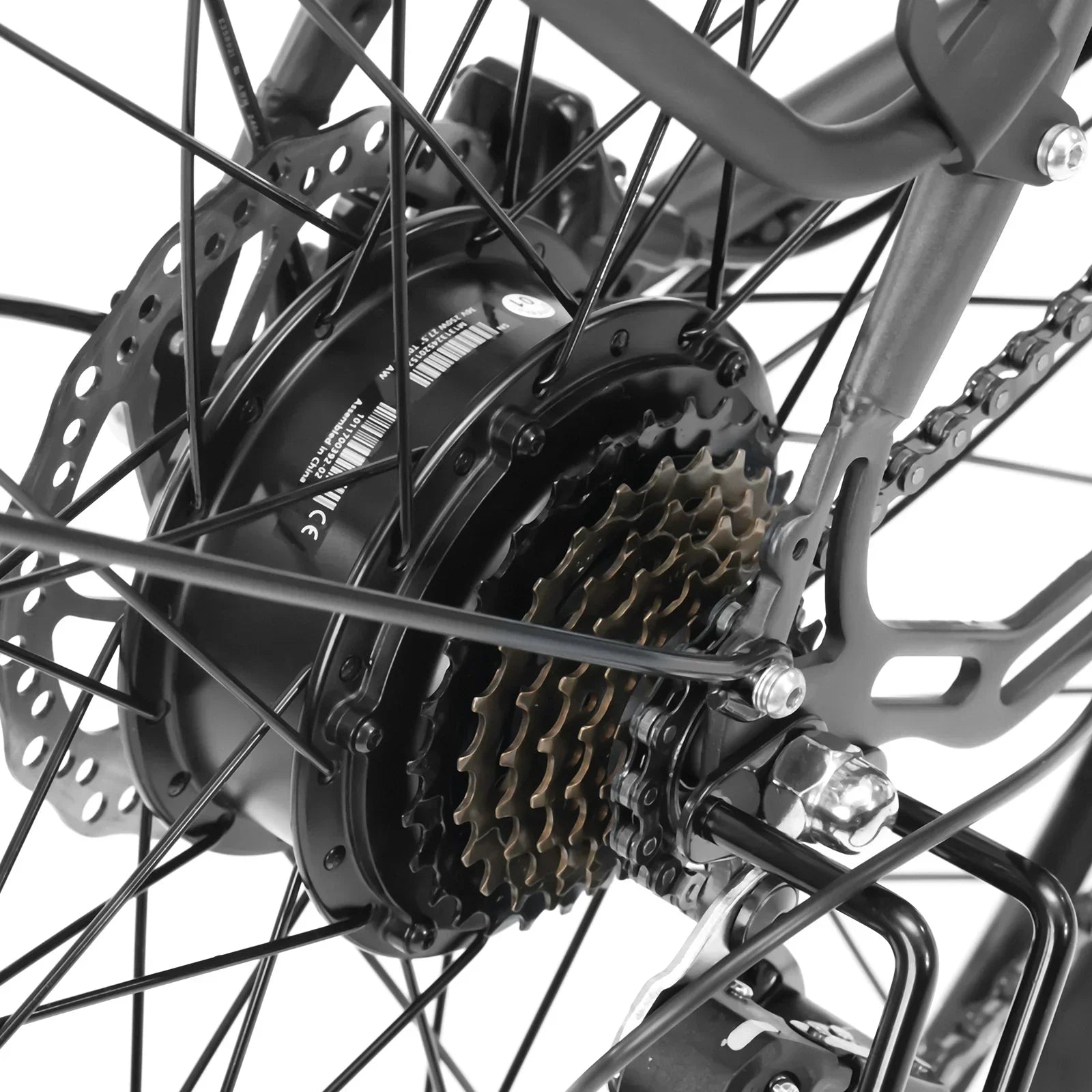 Close-up of a bicycle rear wheel with gear and chain mechanism on a white background