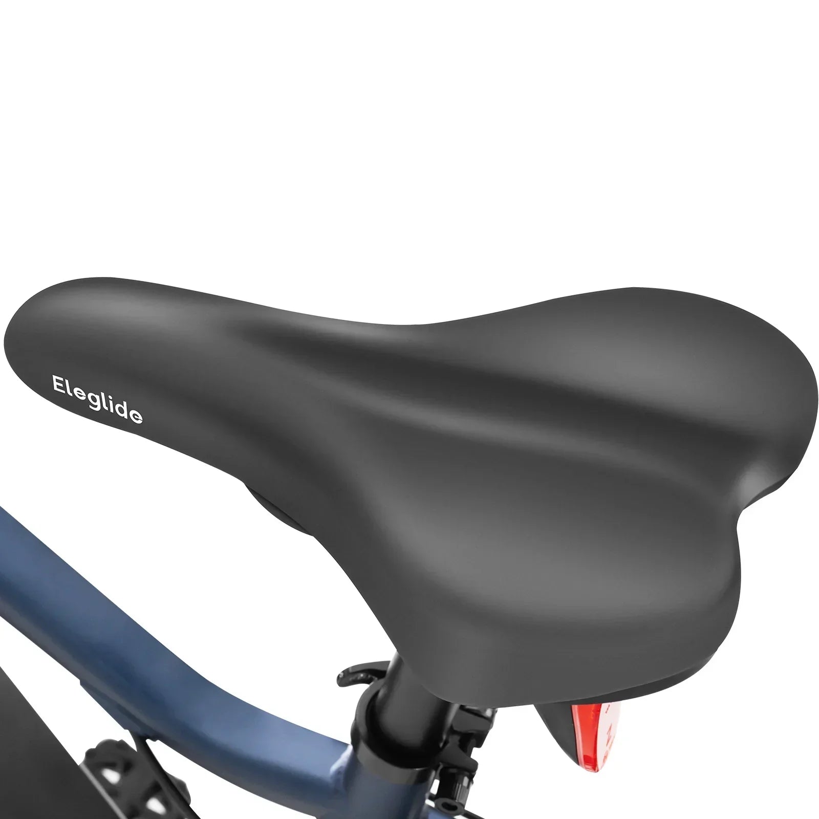 Black bicycle seat with 'Eleglide' branding on a white background