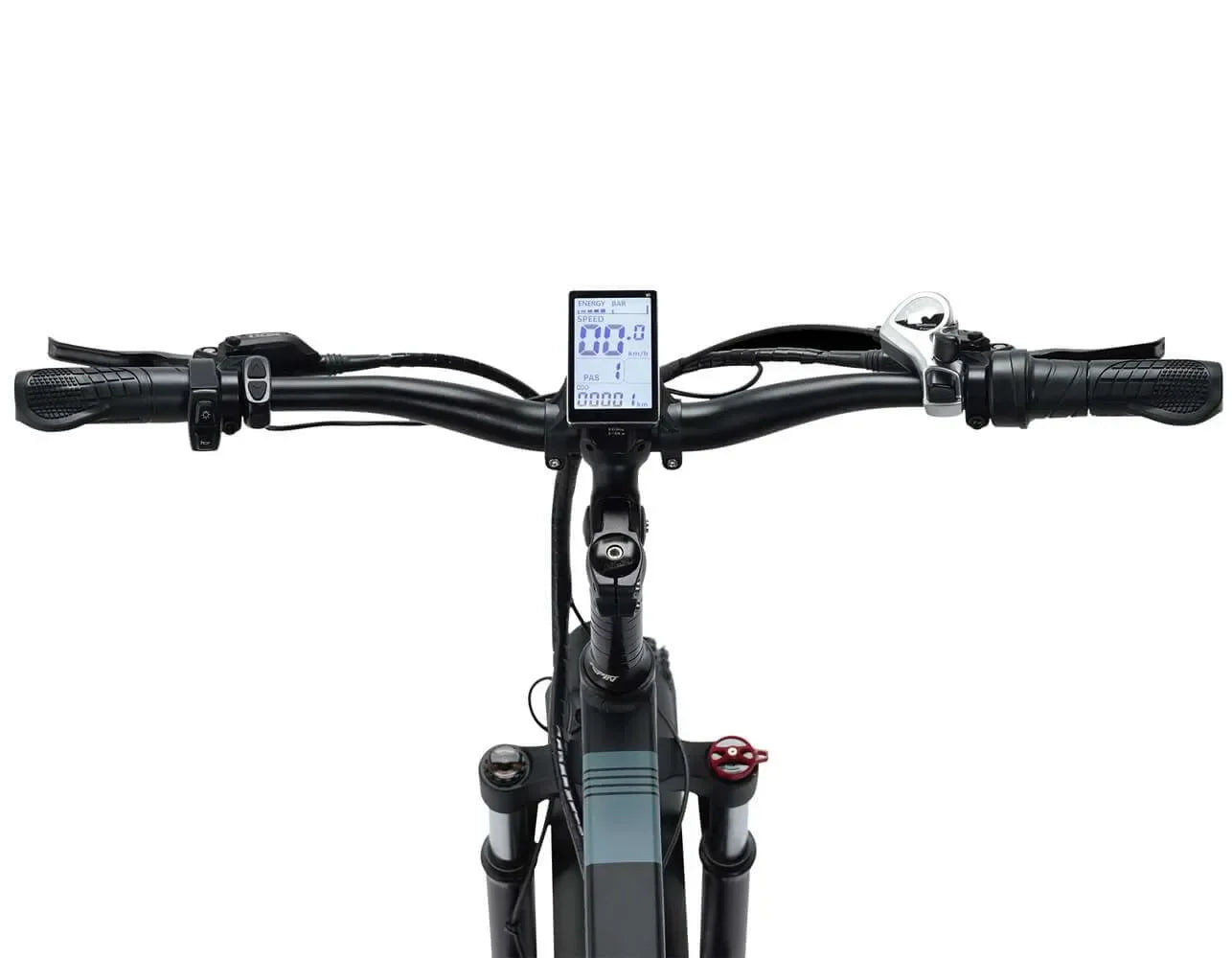 Close-up of bicycle handlebars with a digital display on a white background
