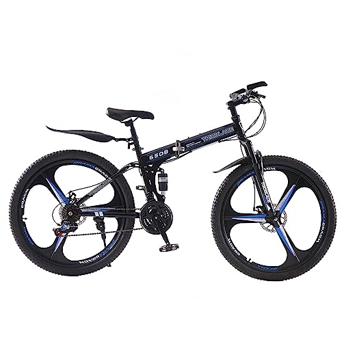 BSTSEL 27.5Inch Adult Folding Mountain Bike,Dual Suspension Mountain Bikes with 27.5 Inches 3-Spoke Wheel, Shimano 21 Speed Mens and Womens Foldable Mountain Bicycle (Black& Blue)