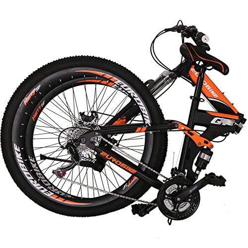 Eurobike Adult Folding Bike,21 Speed 27.5 Inch Full Suspension Mountain Bike for Men,Disc Brake Womens Fold Up Mountain Bicycle,Muti Options (Orange-32 Spoke)