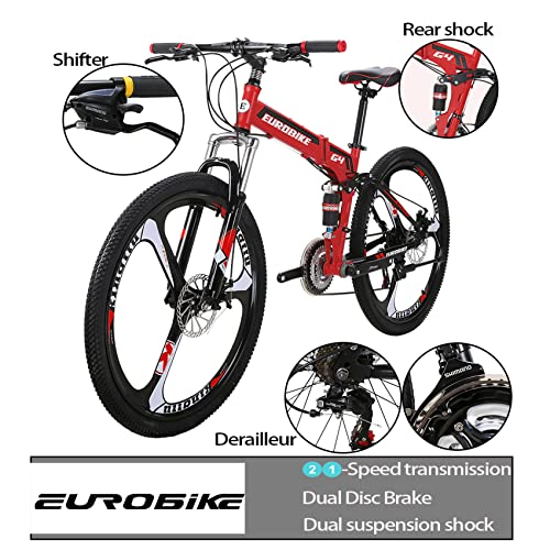 Eurobike G4 26 Inch Adult Folding Bike,Dual Disc Brake Full Suspension Mountain Bikes for Adults Men or Women,21 Speed Foldable Mountain Bicycle (Red 3 Spoke)