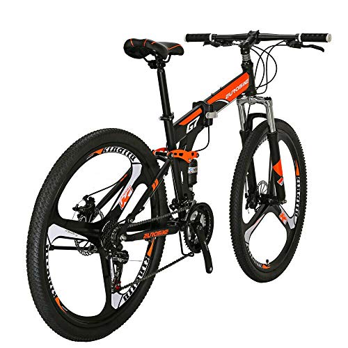 Eurobike Mens 27.5''Mountain Bike 3 Spoke Magnesium Wheel Folding Bicycle for Adult Men and Women Full Suspension (orange)
