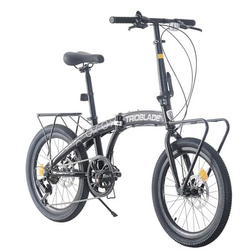 Jamiah 20 Inch Folding Bike for Adult Men and Women Teens, 7 Speed Shimano Drivetrain, Handle Seat Height Adjustable, Foldable Bike with Front Rear Storage Rack Dual V Brakes (Black & Grey)
