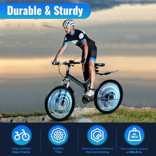 26in Folding Bike 21-speed Mountain Bike,Carbon Steel Foldable Bike for Adults with Dual Disc Brake,Portable Mountain Bike with Mudguards,Adjustment Height,120kg Bearing Capacity