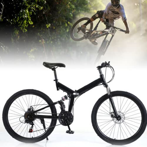 SHZICMY Adult Foldable Bike, 26-Inch Wheels, Suspension Mountain Bike Disc Brakes Bicycle, 21 Speed, Carbon Steel, Mens/Womens Folding Mountain Bicycle