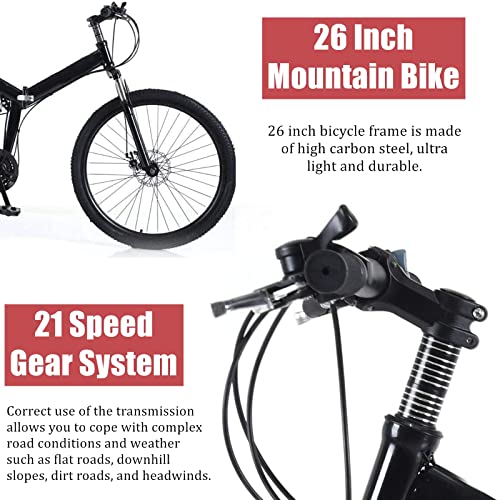 Futchoy 26 Inch Folding Mountain Bike for Adults 21 Speed Mountain Trail Bike with Dual Disc Brakes Foldable Mountain Bike High-carbon Steel Frame Full Suspension Folding Bike (Black)